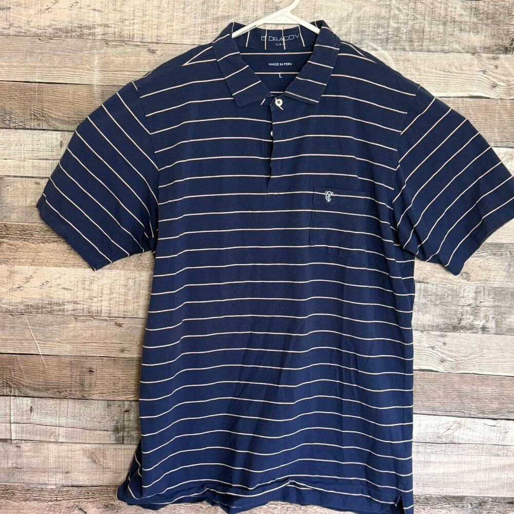 B Draddy USA Polo Shirt Mens Large Blue Striped Pocket Golf Cotton Stretch